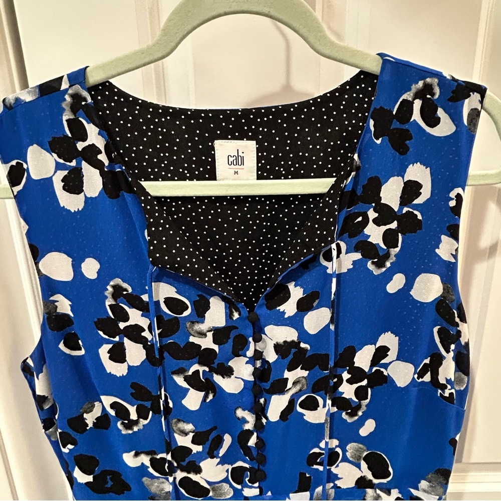 CAbi Electric Blue Floral Asymmetrical Handkerchief Hem Polka Dot Dress Sz M - Picture 3 of 11